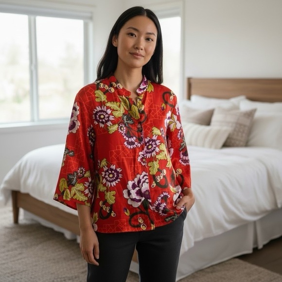 Natori Tops - Natori Small Floral Mandarin‎ Collar Button Front Boxy Floral Silky PJ Top